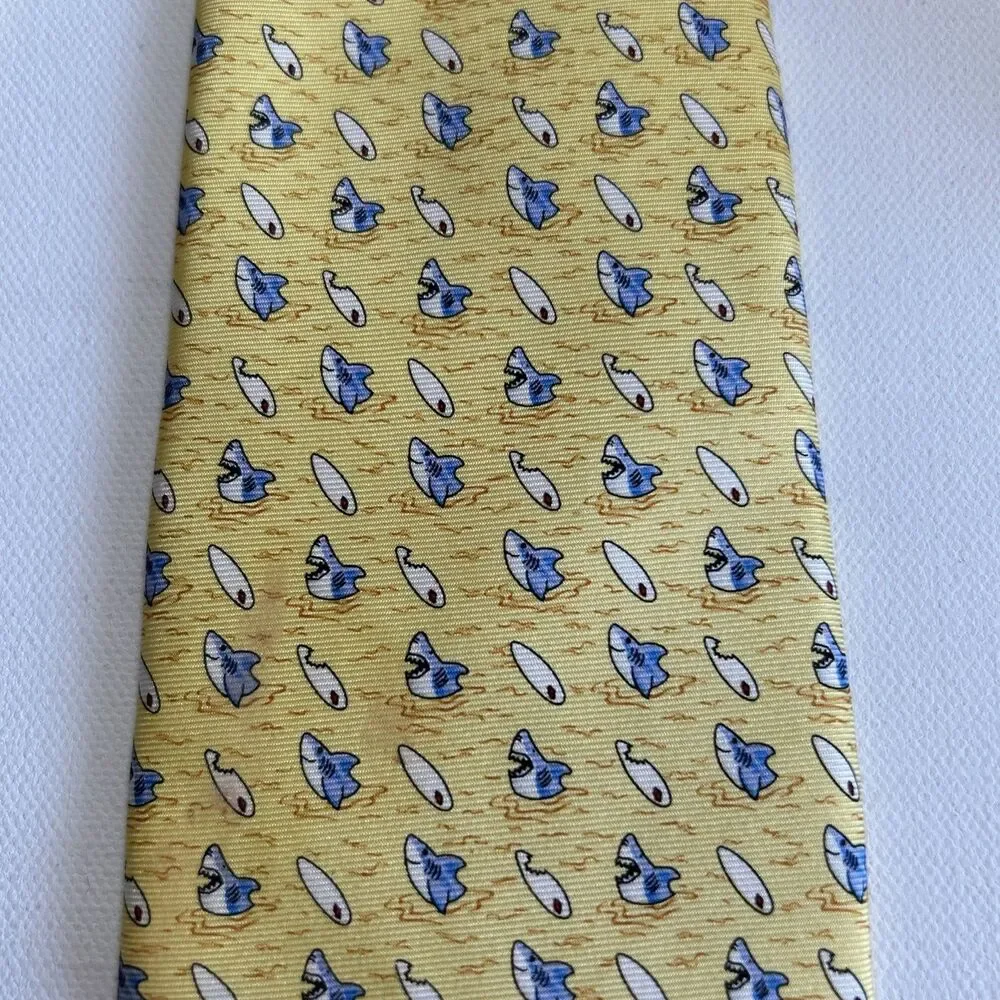 Sharks & Surfboards Silk Necktie Yellow Blue Tommy Hilfiger Funny Beach Coastal
